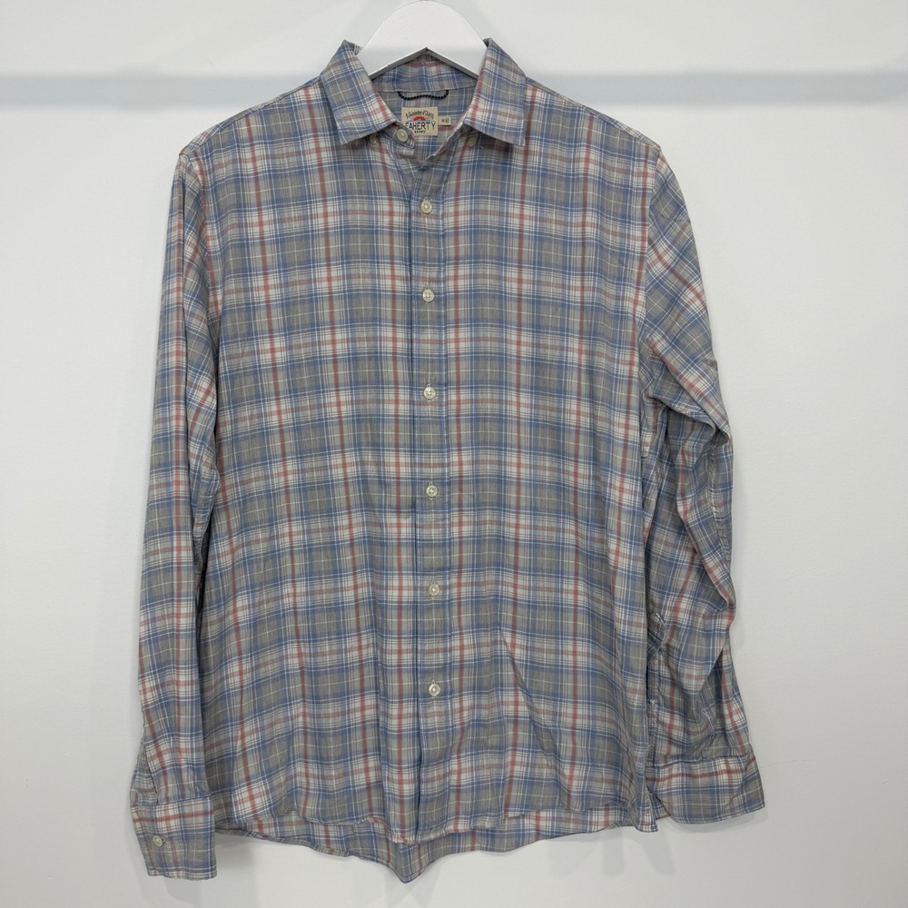 Faherty Brand Movement Plaid Shirt Mens Medium Blue Grey Red Supima Blend